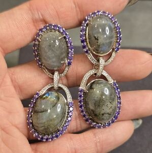 Labradorite and African amethyst drop earrings, sterling silver, omega back.